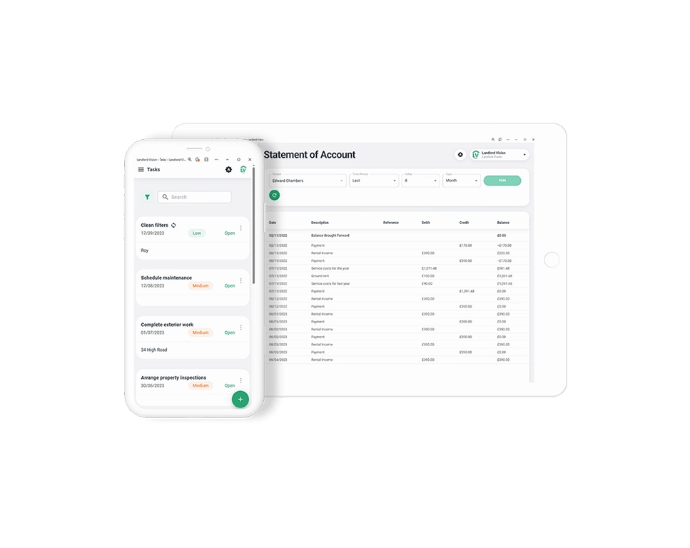 Screenshot of the statement of accounts page in Landlord Vision and screenshot of task management feature.