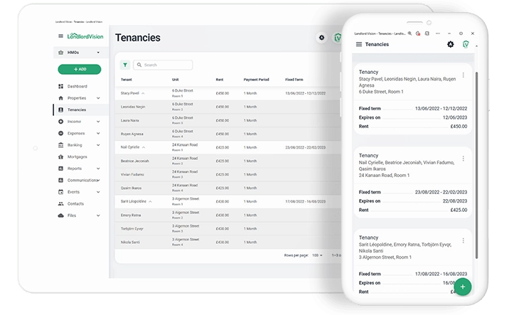 Landlord Vision summarises a landlord's tenancies and who is allocated to each room in this screenshot of the software.