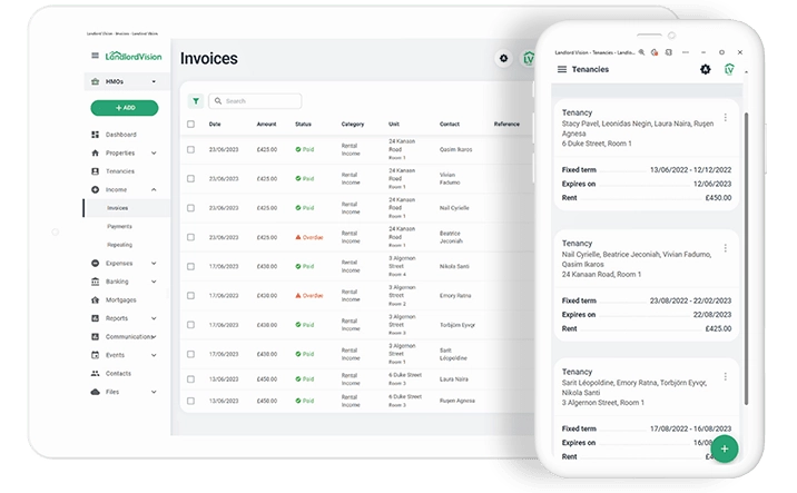 Paid and overdue invoices screenshot in Landlord Vision. A second screenshot summarises tenancy information.