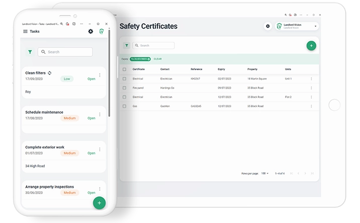 Landlord Vision software screenshot showing task management feature and screenshot showing expiring safety certificates.