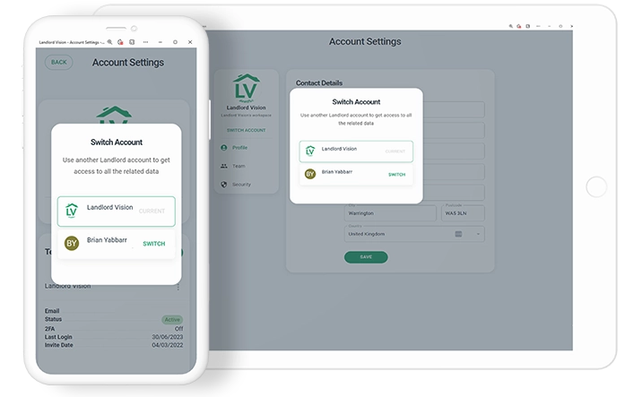 Landlord Vision screenshot showing how you can switch between accounts to see different portfolios.