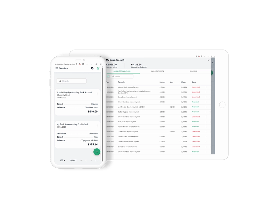 Screenshot of the Landlord Vision page where you can find reconciled and unreconciled transactions and transfers.