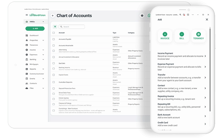 Landlord Vision software screenshot showing the chart of accounts page and also how to add accounting information.