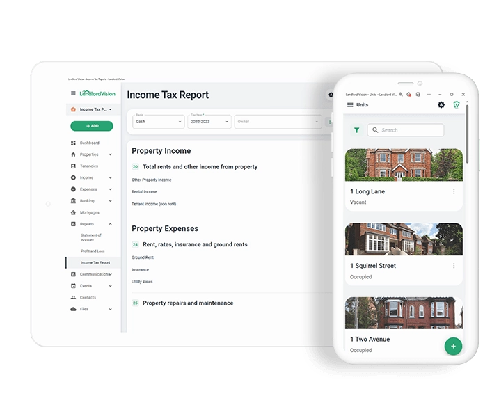 Landlord Vision screenshots showing the income tax report and a list of properties with property photos.