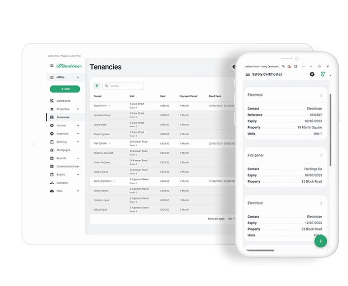 Landlord Vision screenshot showing safety certificates and screenshot summarising the tenancies and rooms for a property.