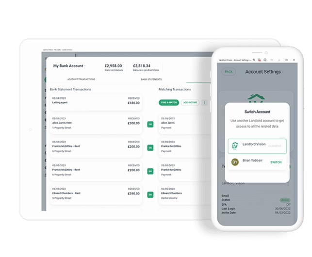 Software screenshot in Landlord Vision of bank reconciliation and screenshot of how to switch between property portfolios.